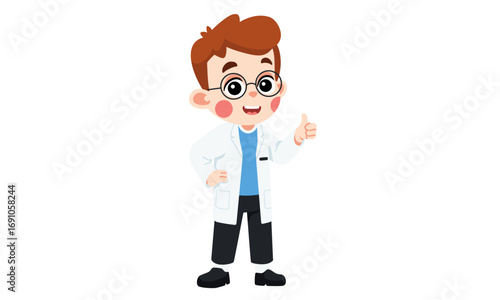 A young boy wearing a lab coat and glasses gives a thumbs up, representing science and education.