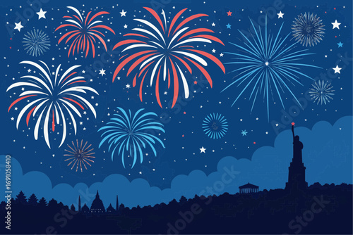 Illustration of fireworks over a cityscape featuring the statue of liberty and other buildings at night