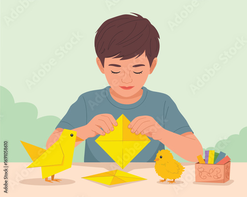 Young boy focused on the art of paper folding, creating beautiful origami birds during a calm creative activity