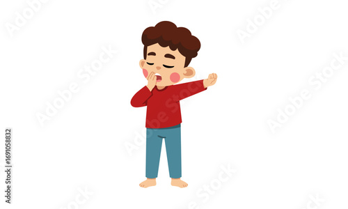A young boy with brown hair yawns widely, covering his mouth with his hand, while stretching his arm out to the side.