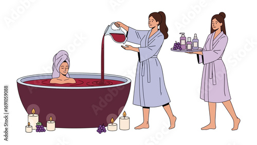 Two women in robes preparing a luxurious red wine bath for a relaxed woman in a towel creating a spa experience with bottles and oils