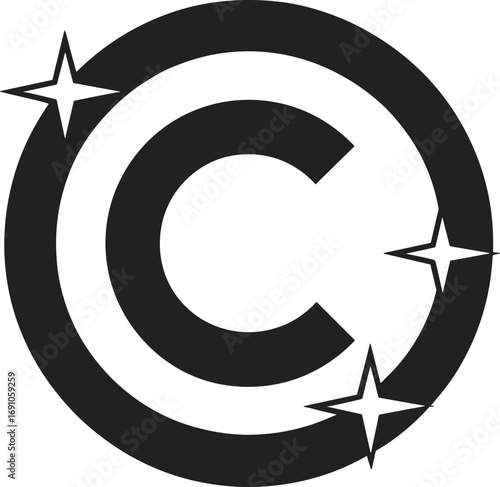 Shiny copyright symbol vector illustration, creative intellectual property protection icon with sparkle effect, legal rights logo design for business, brand, content ownership