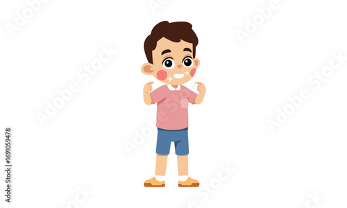 A cheerful cartoon boy with brown hair, wearing a pink shirt and blue shorts, smiles brightly while flexing his arms, showing strength and happiness.