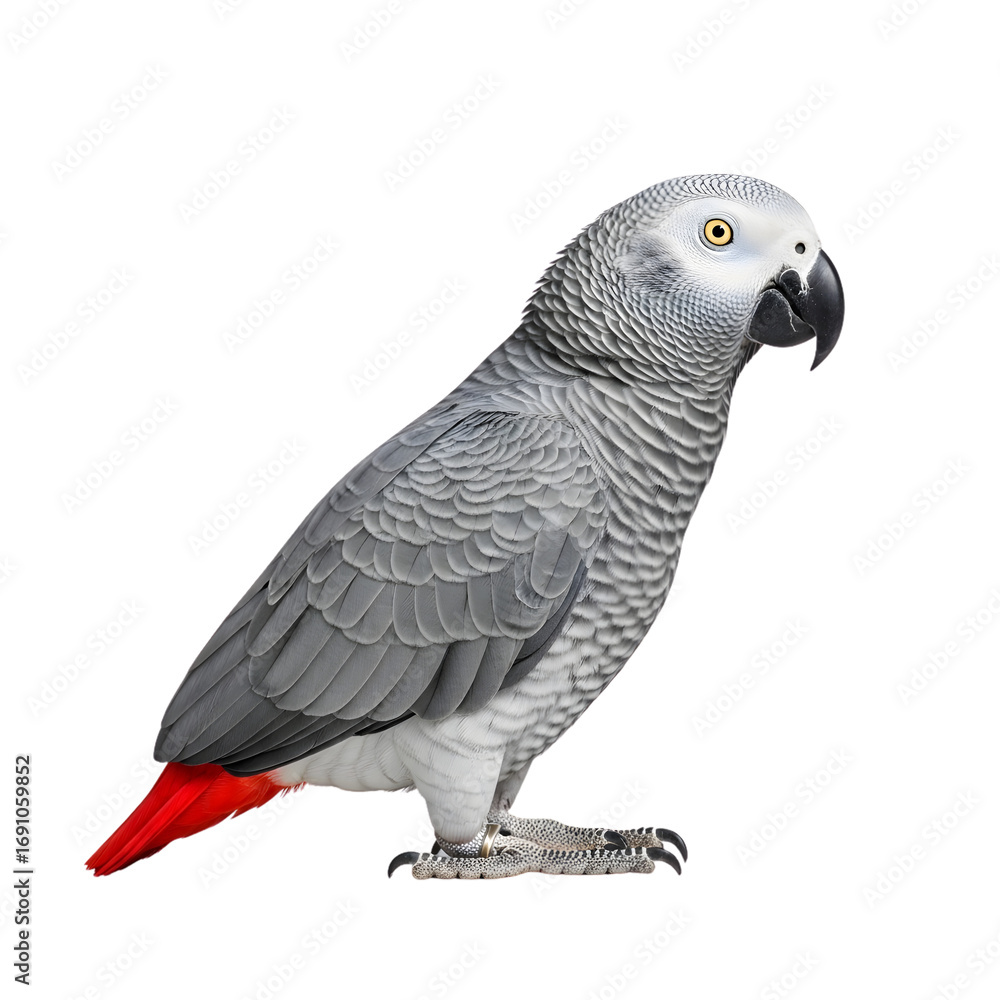 Fototapeta premium Close-up of a Grey Parrot, perched and facing to the side, against a plain white background.