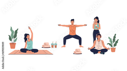 Diverse group of young adults practicing yoga and meditation together in a bright airy studio with plants and natural light