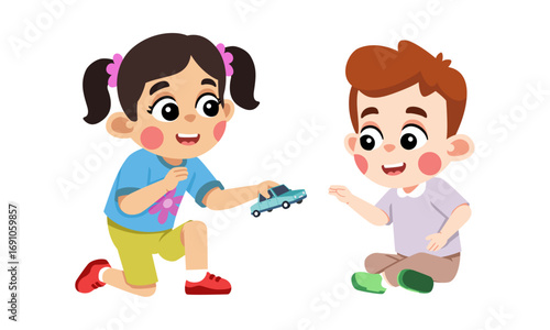 A young girl on her knees offers a toy car to a boy sitting down, illustrating sharing and friendship.
