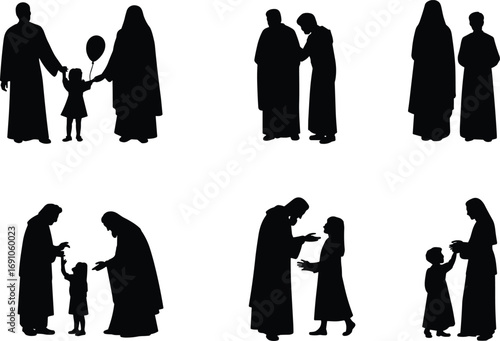 Silhouette illustration of religious family, monks, priests, nuns, children with parents, spiritual guidance, faith teaching, catholic figures, religious community, vector design