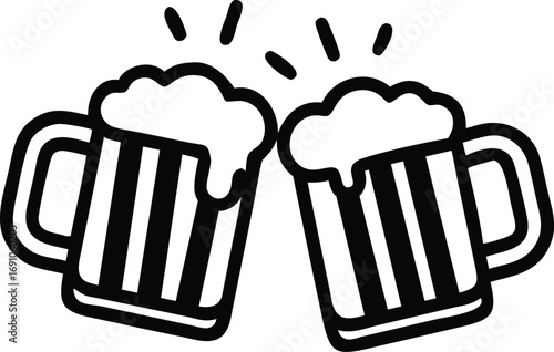 Two beer mugs clinking with foam in black silhouette
