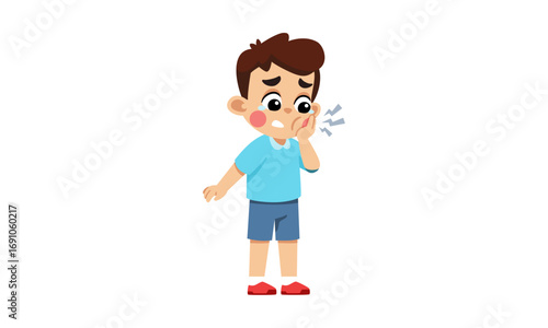 Cartoon illustration of a young boy experiencing a toothache, holding his cheek in pain.