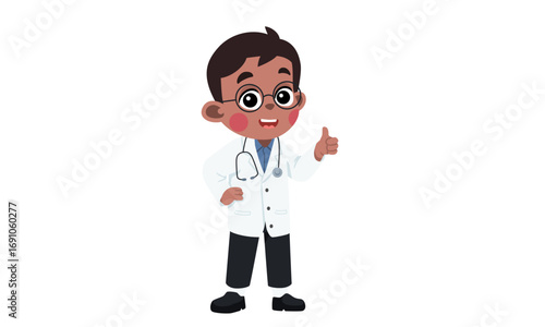 Illustration of a young doctor giving a thumbs up, wearing glasses and a white coat.