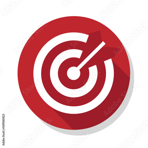 Modern flat design icon showing a target and arrow, representing precision, business objectives, and successful strategy on a red background