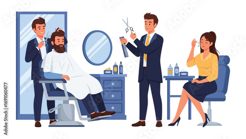 Professional barbershop scene with two barbers attending to a male client while a female client waits in a modern salon setting with grooming tools