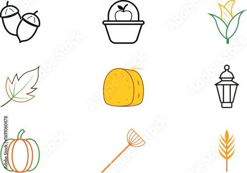 Autumn harvest icons featuring acorns apple basket corn leaf pumpkin hay bale lantern wheat