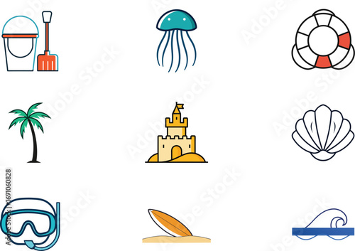 Beach vacation icons sandcastle palm tree jellyfish surfboard snorkel lifebuoy