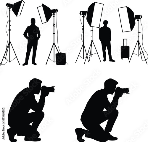 Silhouette photographer with camera, professional studio lighting setup, model posing under lights, creative photography concept, tripod equipment, photoshoot scene, vector illustration isolated
