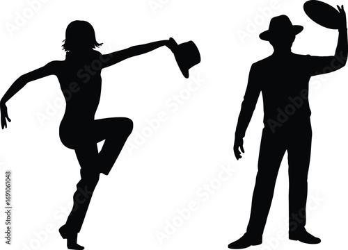 Silhouettes of dancing people with hats, stylish male and female dancers performing, vector illustration for dance, entertainment, performance, fashion, celebration artwork