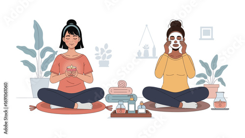 Two women practicing meditation and mindfulness in a serene indoor setting with plants and calming accessories for inner peace and relaxation