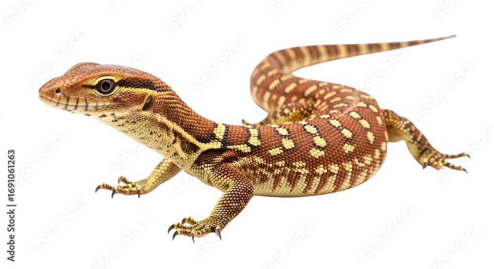 Naklejka premium A juvenile Ackie monitor lizard, showcasing its vibrant reddish-brown and cream patterned scales against a stark white background.