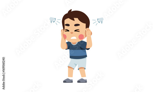 Illustration of a young boy covering his ears, showing signs of distress and frustration.