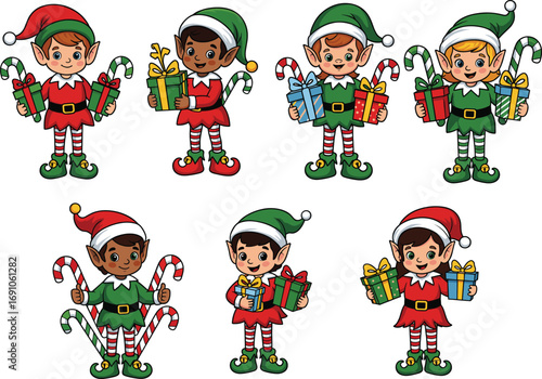 Cute Christmas elves holding gifts and candy canes in festive holiday outfits, diverse characters, cheerful winter celebration, colorful vector illustration