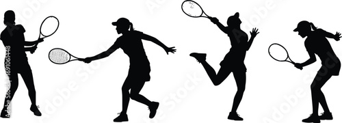 Tennis player silhouette, women playing tennis with rackets, sports action poses, female athletes illustration, fitness activity, competition match, black vector figures, exercise movement