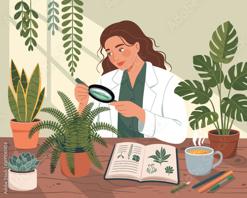 Female botanist studying a houseplant with a magnifying glass in a detailed vector illustration