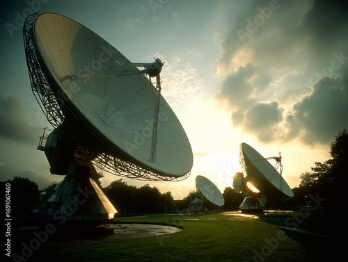 Three large satellite dishes, each with a unique design, placed in a grassy field. The sun is setting behind the dishes