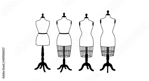 Four dress forms displaying different styles and shapes in a row on a white presentation area