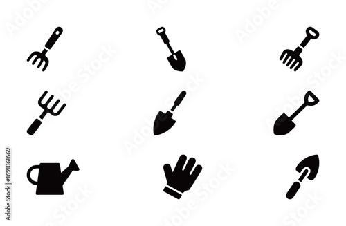 Gardening tool icons including a trowel, spade, fork, and watering can. Horticulture and planting supplies.