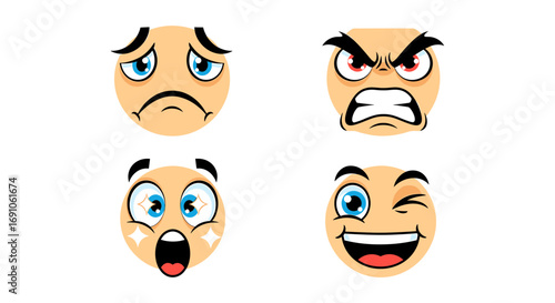 Four cartoon emoji faces displaying various emotions such as sad angry surprised and winking smile
