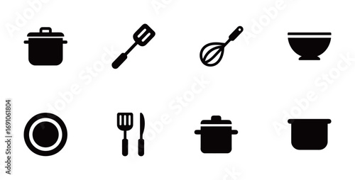 Kitchen utensil and cookware icons. Cooking and food preparation symbols.