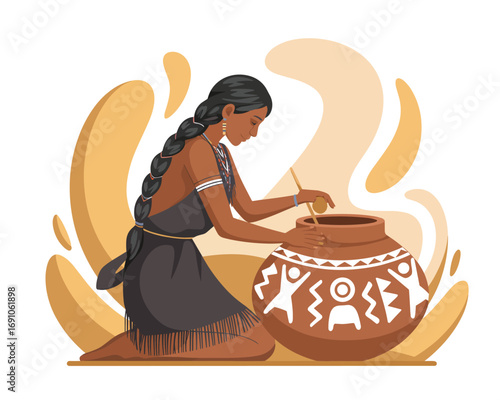 Native American Woman Preparing Food in Traditional Clay Pot