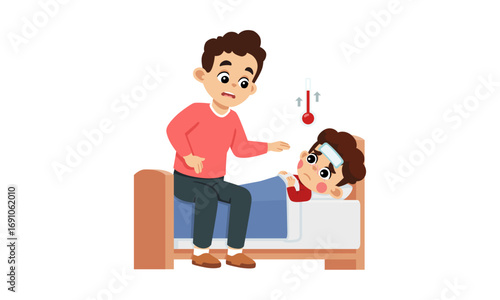 A worried father sits beside a sick child in bed, checking a thermometer.
