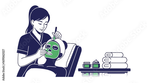 Young woman applying a green facial mask to her face while sitting in a salon chair with towels and skincare products nearby