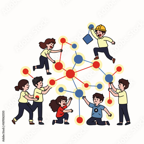 Diverse individuals enthusiastically collaborate to build and visualize an intricate, glowing network of interconnected nodes, symbolizing teamwork, data, and innovation.