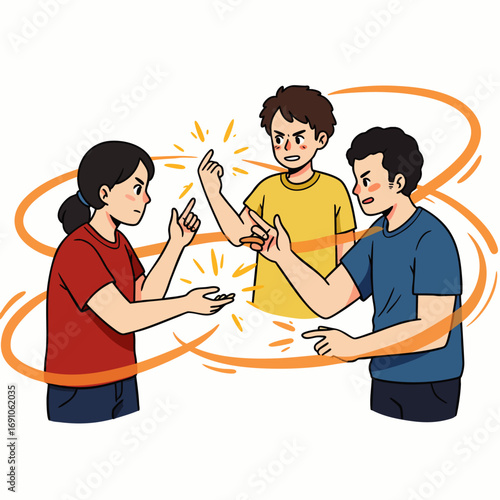 A vibrant cartoon illustration depicts three individuals, two men and a woman, engaged in a heated argument, conveying intense disagreement, anger, and interpersonal conflict.