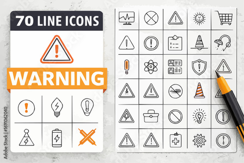 Illustration of a set of seventy line icons with a warning sign and various symbols on a white background