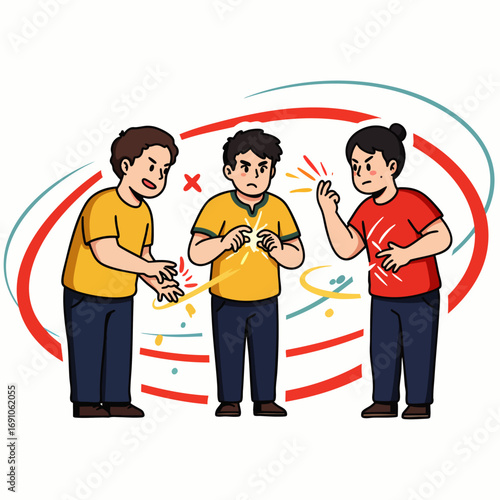 An intense argument unfolds between three people, vividly depicting a challenging conflict or disagreement with dynamic energy and palpable tension.