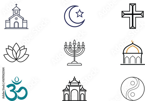 Collection of religious symbols icons representing diverse faiths and belief systems