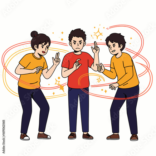 An illustration depicts three individuals, two women and a man, engaged in a tense argument, their dynamic gestures conveying emotional conflict and disagreement.
