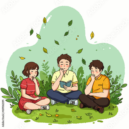 Three young friends are peacefully sitting on lush green grass, thoughtfully engaged in reading and contemplation amidst falling leaves, depicted in a charming natural illustration.