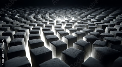 Close up of a black and white image of many cubes. The cubes are all different sizes. The image has a minimalist