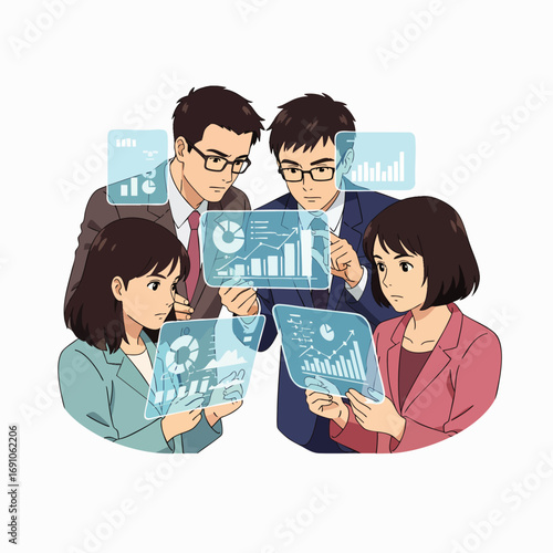 A diverse team of business professionals collaboratively analyzes intricate holographic data, demonstrating modern technological innovation and strategic insights.