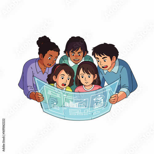 Diverse adults and children intently examine a glowing, transparent digital display showing complex data and futuristic graphics, symbolizing collaboration and learning.