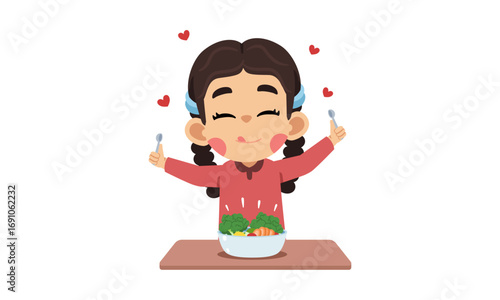 A happy cartoon girl with pigtails eagerly prepares to eat a healthy salad, showing her enjoyment with hearts and a lick of her lips.