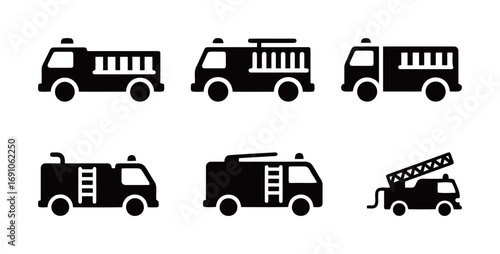 Fire truck icons in black and white. Emergency and rescue vehicle symbols.