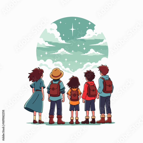 A diverse group of adventurers with backpacks stands together, gazing with hopeful anticipation at a bright guiding star in the expansive, cloudy sky.