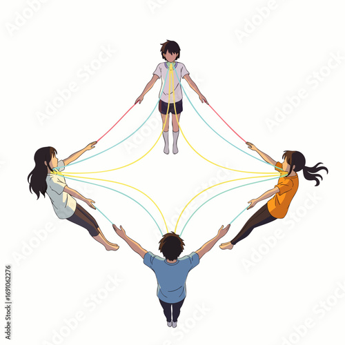 A vibrant illustration portrays five diverse individuals intricately connected by colorful ropes, symbolizing unity, collaboration, and mutual support in a complex social system.