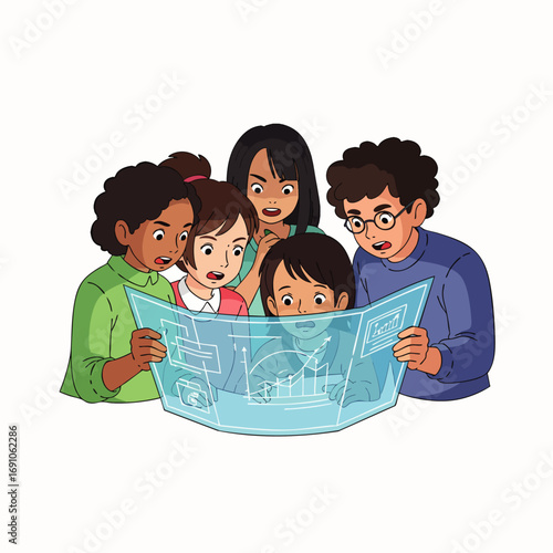 Diverse group of curious children collaboratively analyzing a glowing, futuristic holographic blueprint, symbolizing innovation, teamwork, and future education.
