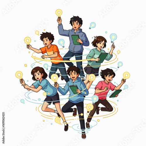 A vibrant group of diverse young individuals collaboratively generates innovative ideas, symbolizing teamwork, education, and creative problem-solving in a dynamic illustration.